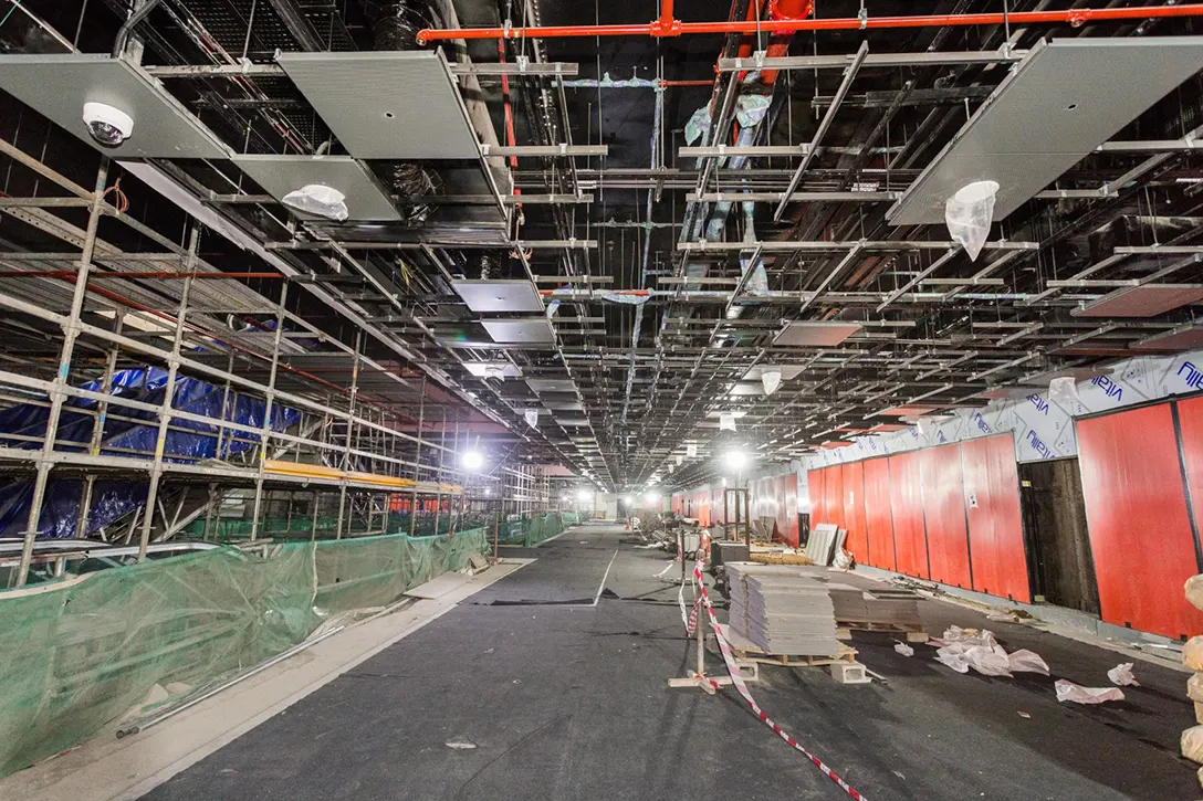 View of the Ampang Park MRT Station lower concourse showing the architectural works in progress at the Front of House.