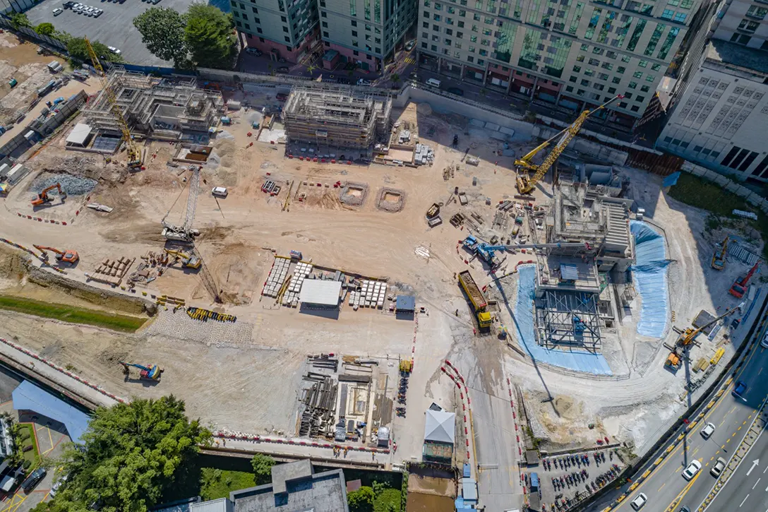 View of the Ampang Park MRT Station showing the escalator installation works in progress.