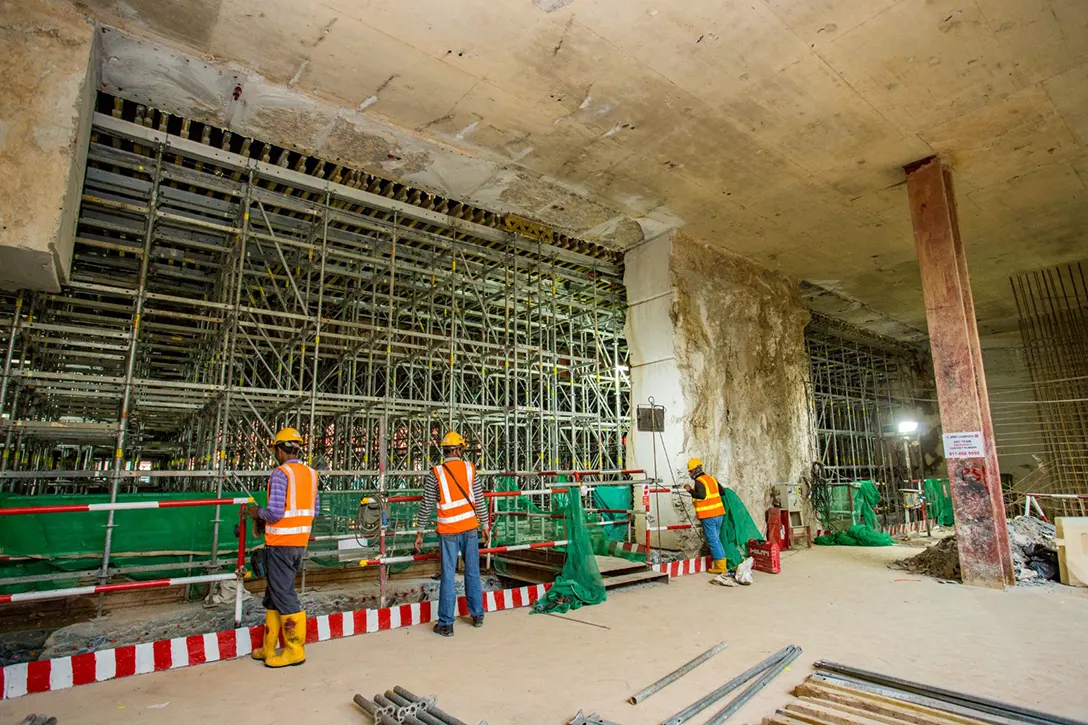 Falsework for roof slab being installed and inspected at the Bandar Malaysia Selatan MRT Station site.