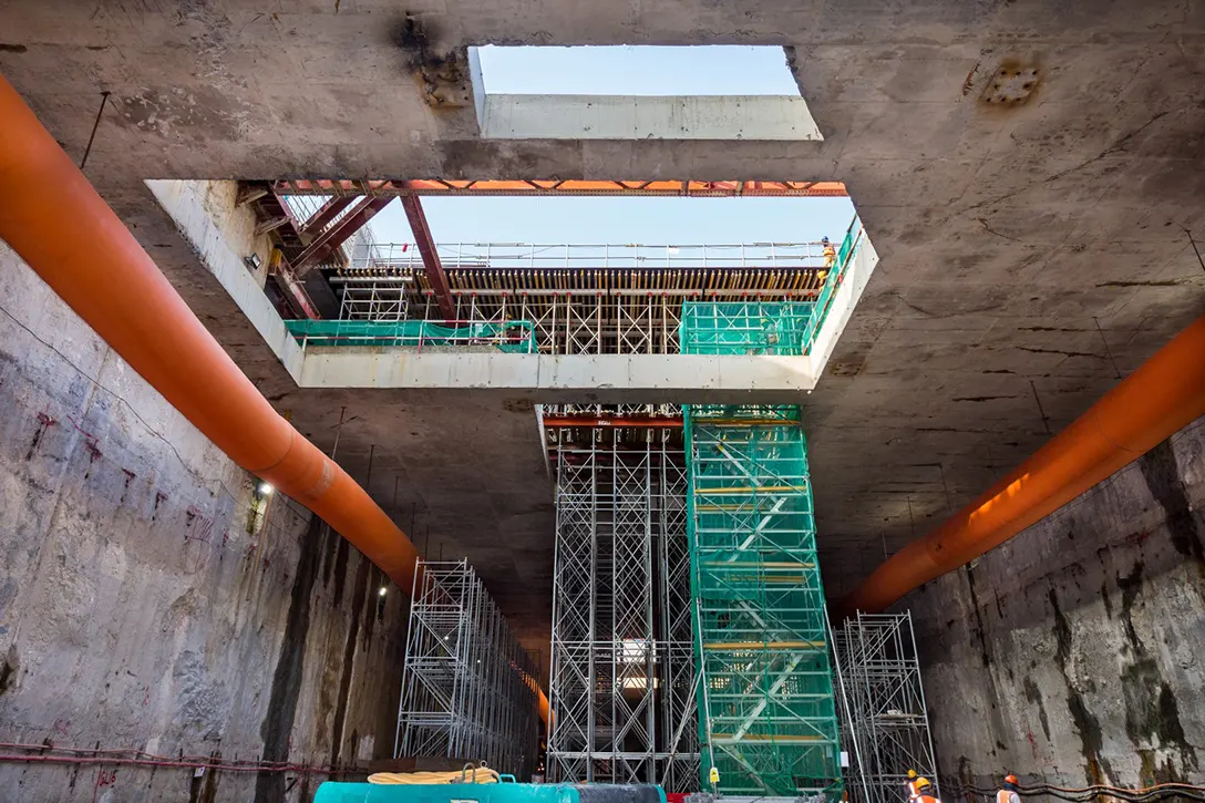 Roof slab falsework in place for reinforcement concrete works inside the Bandar Malaysia Selatan MRT Station.