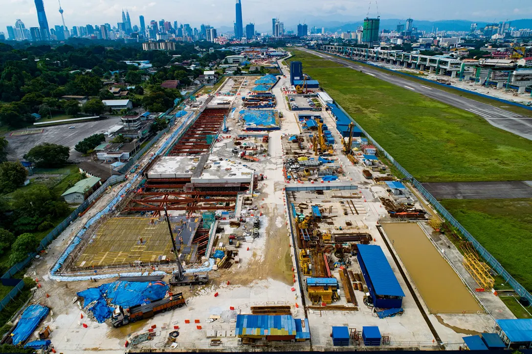 Aerial view of the Bandar Malaysia Selatan MRT Station site showing the station box and site laydown.