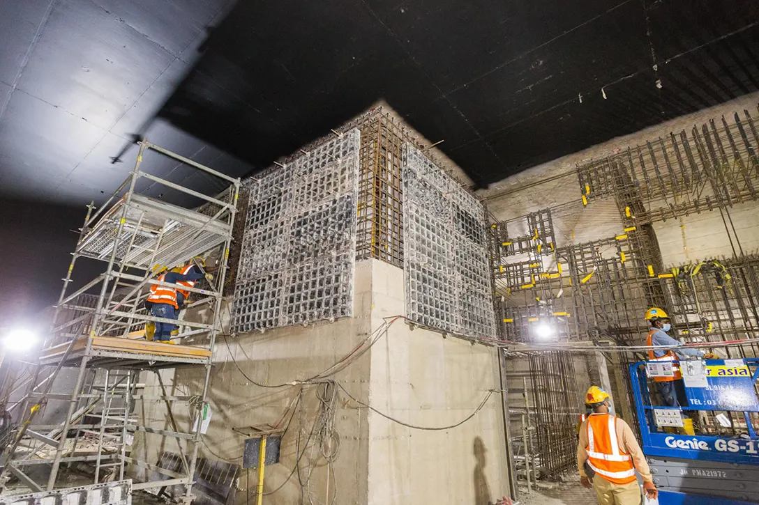 Preparation for concrete casting of internal wall at the concourse level of the Bandar Malaysia Selatan MRT Station.