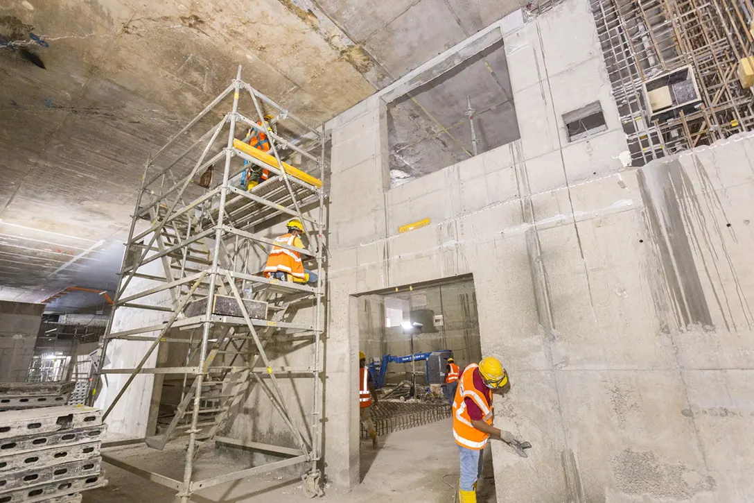 Rectification works after the casting of reinforced concrete wall in progress at the station box of the Bandar Malaysia Selatan MRT Station.