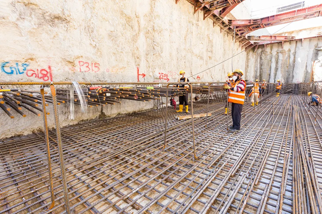 View of the Bandar Malaysia Selatan MRT Station showing the concourse slab rebar installation works in progress at the Entrance A.