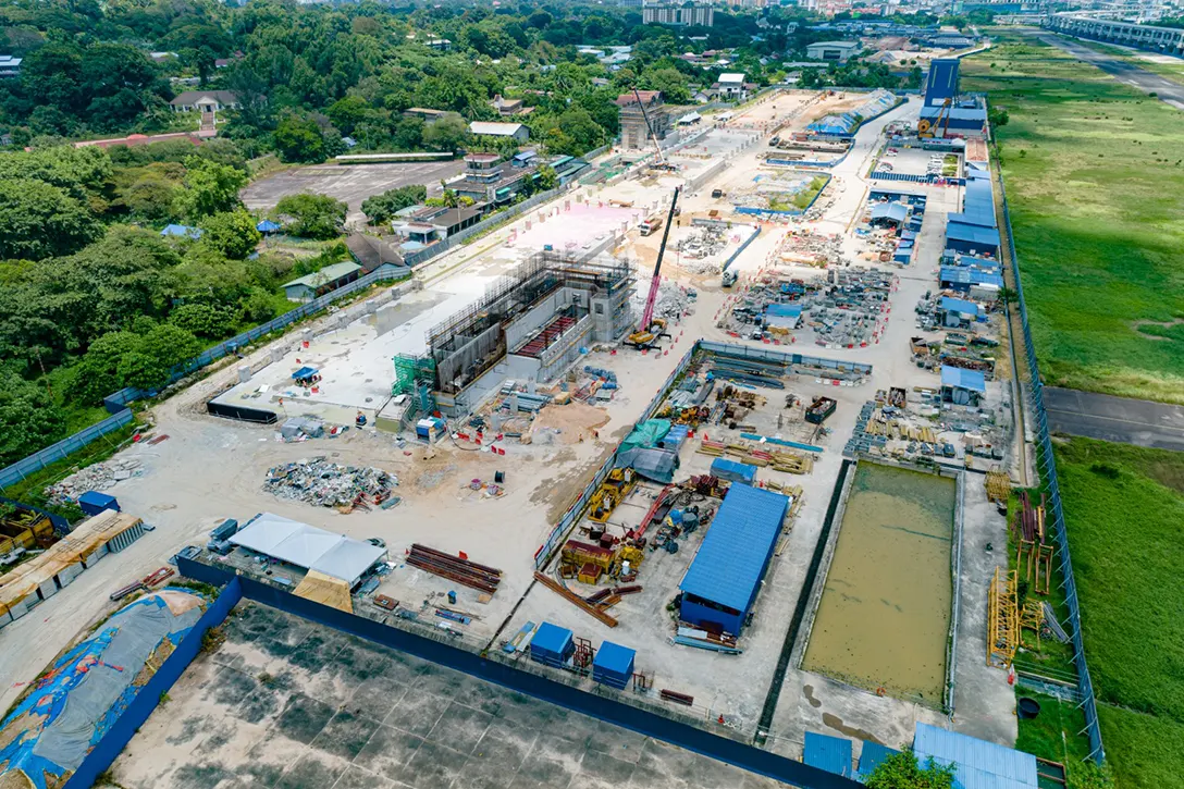Aerial view of the Bandar Malaysia Selatan MRT Station showing the Entrance B ground level and level one works.