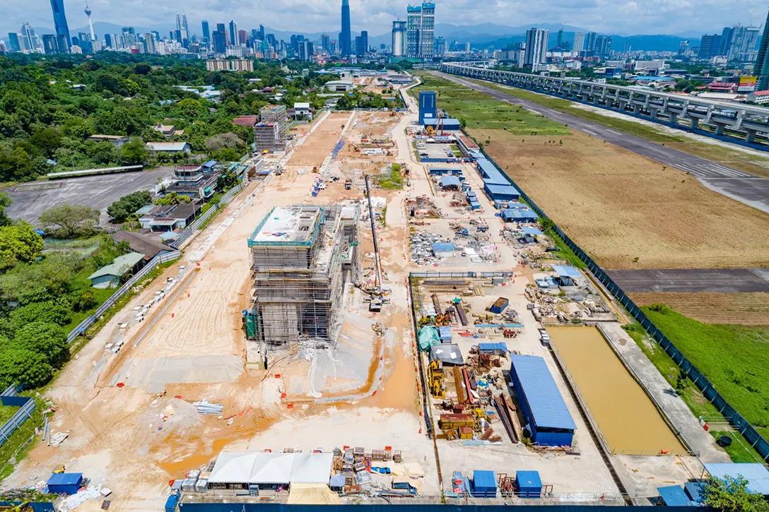 Aerial view of the Bandar Malaysia Selatan MRT Station showing the backfilling, above ground structures and drainage works in progress.
