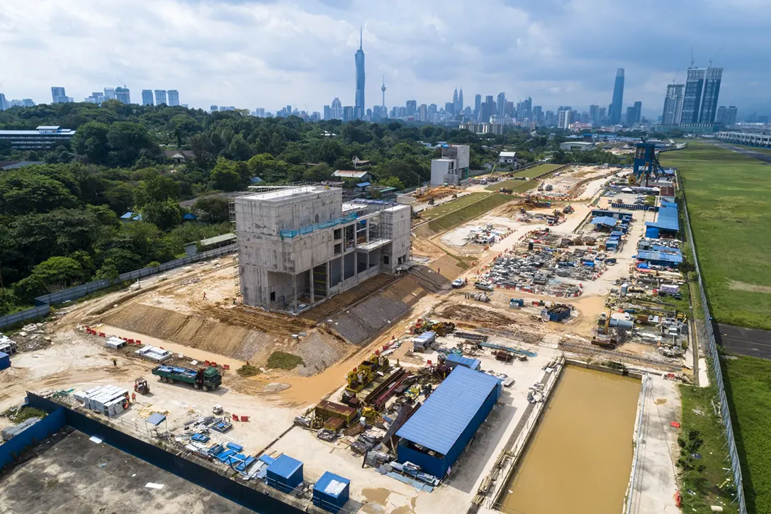 Turfing and external plastering works for Bandar Malaysia Selatan MRT Station entrance in progress.