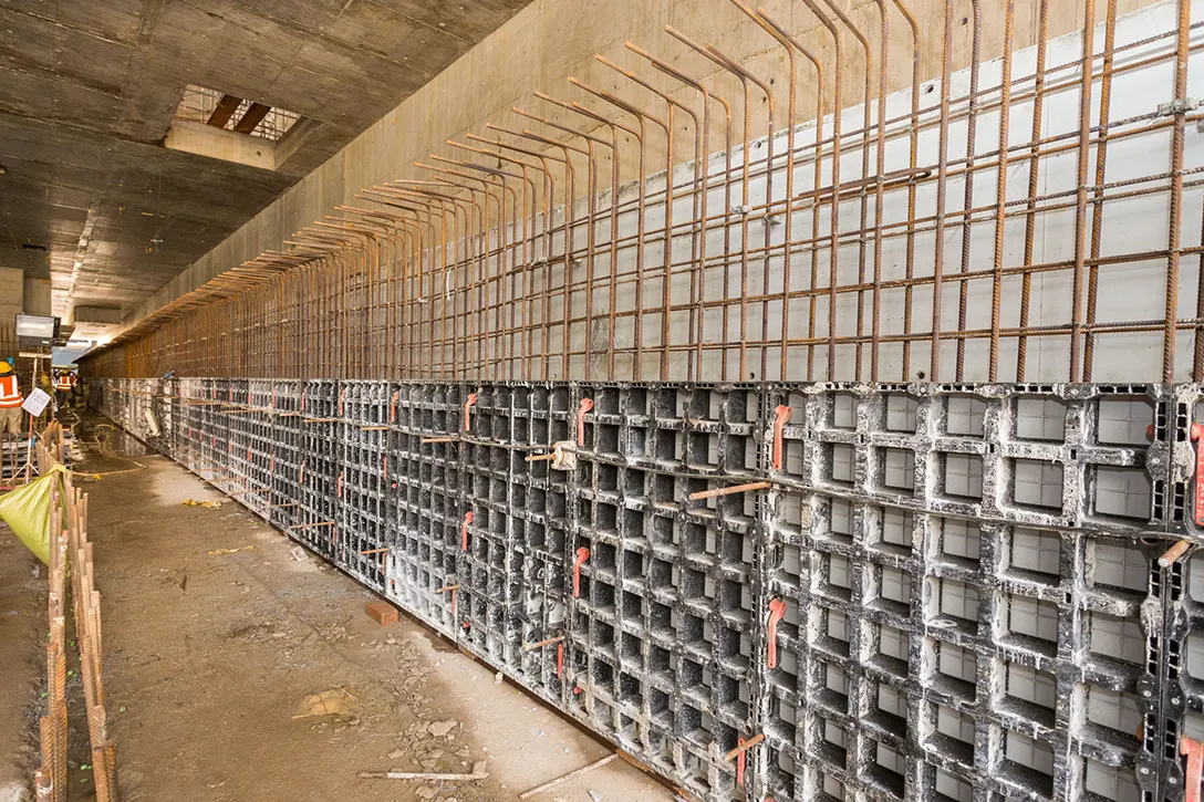 View of the Bandar Malaysia Utara MRT Station showing the installation works for under platform internal wall which will be connected to the future platform slab.