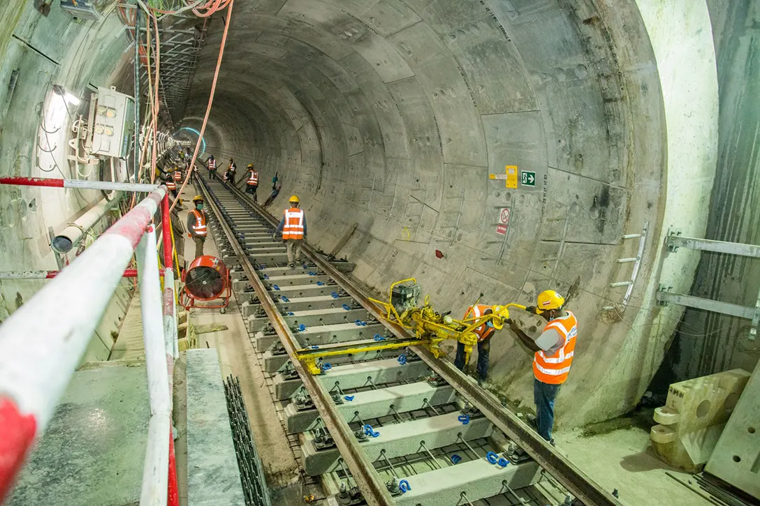 Laying track sleepers after the first stage concrete at the Bandar Malaysia Utara MRT Station.