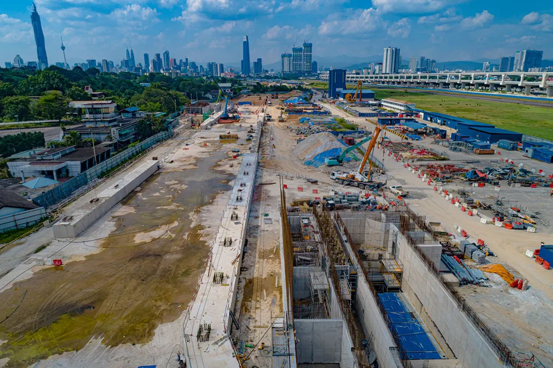 Aerial view of the Bandar Malaysia Utara MRT Station showing the Entrance A and B above ground structure rebar installation and casting works in progress.