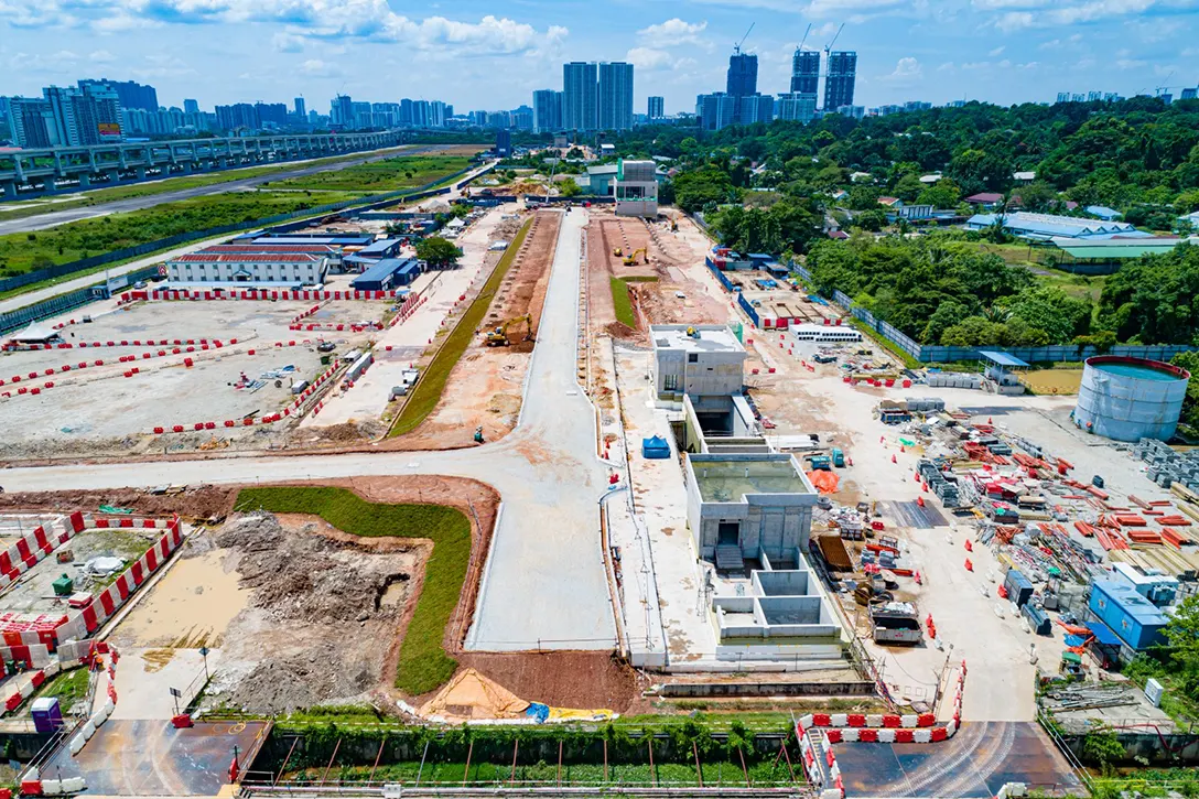 Aerial view of the Bandar Malaysia Utara MRT Station showing the external finishes for Entrance B building in progress.