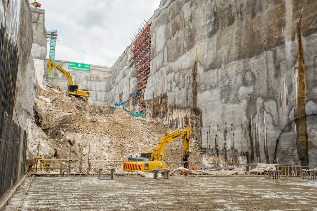 Rock strengthening and excavation works being carried out at the Chan Sow Lin MRT Station site
