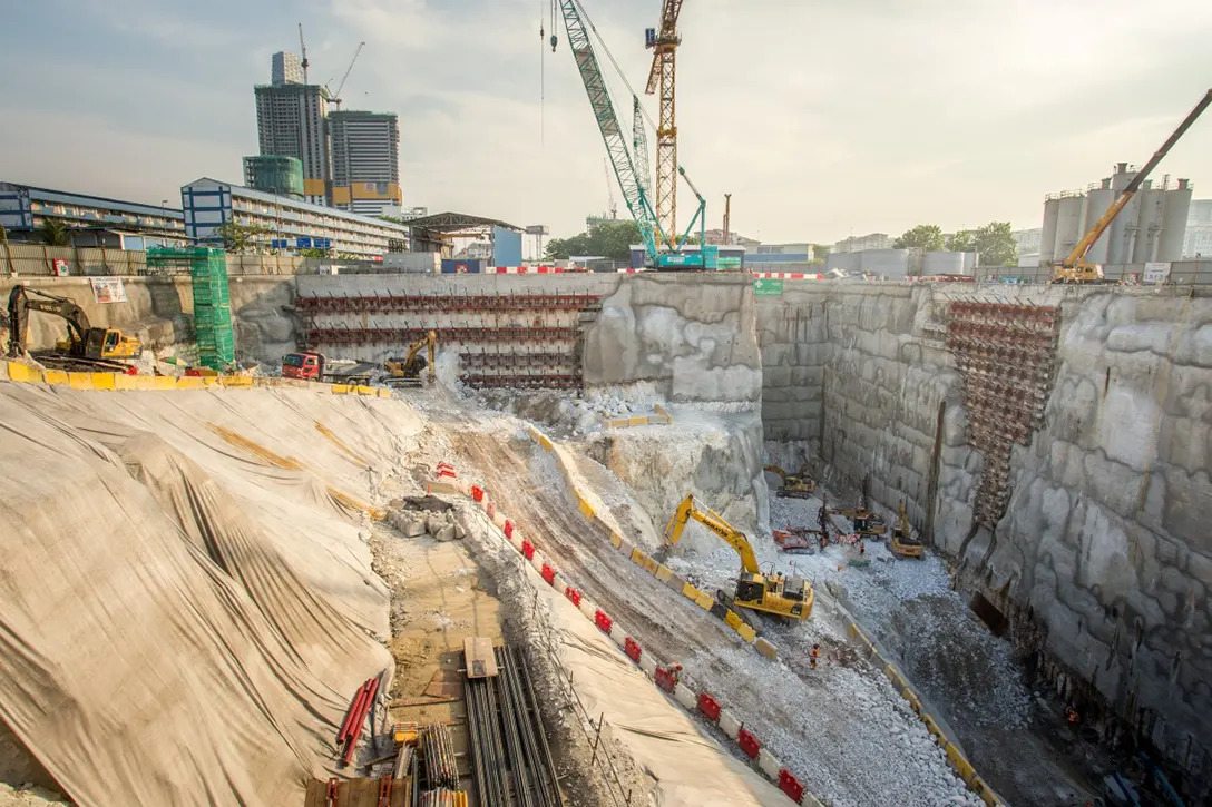 Ongoing massive rock strengthening activities at the Chan Sow Lin MRT Station site.