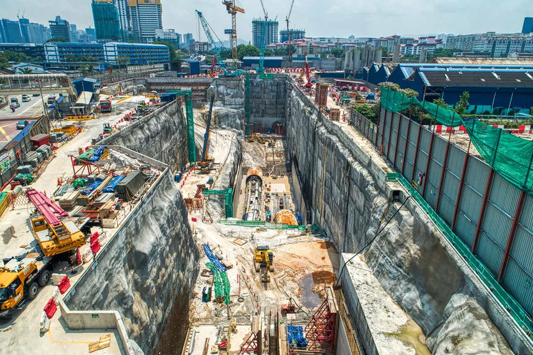 View of the tunnel boring machine pull through works in progress to be relaunched at the Chan Sow Lin MRT Station site.