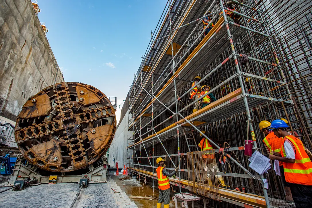 View of the tunnel boring machine pull through and the external rebar works at the Chan Sow Lin MRT Station site.