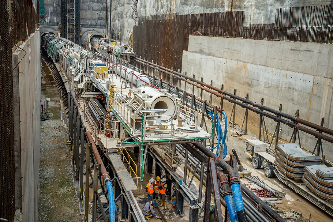 Ongoing tunnel boring machine launching setup at the Chan Sow Lin MRT Station site.