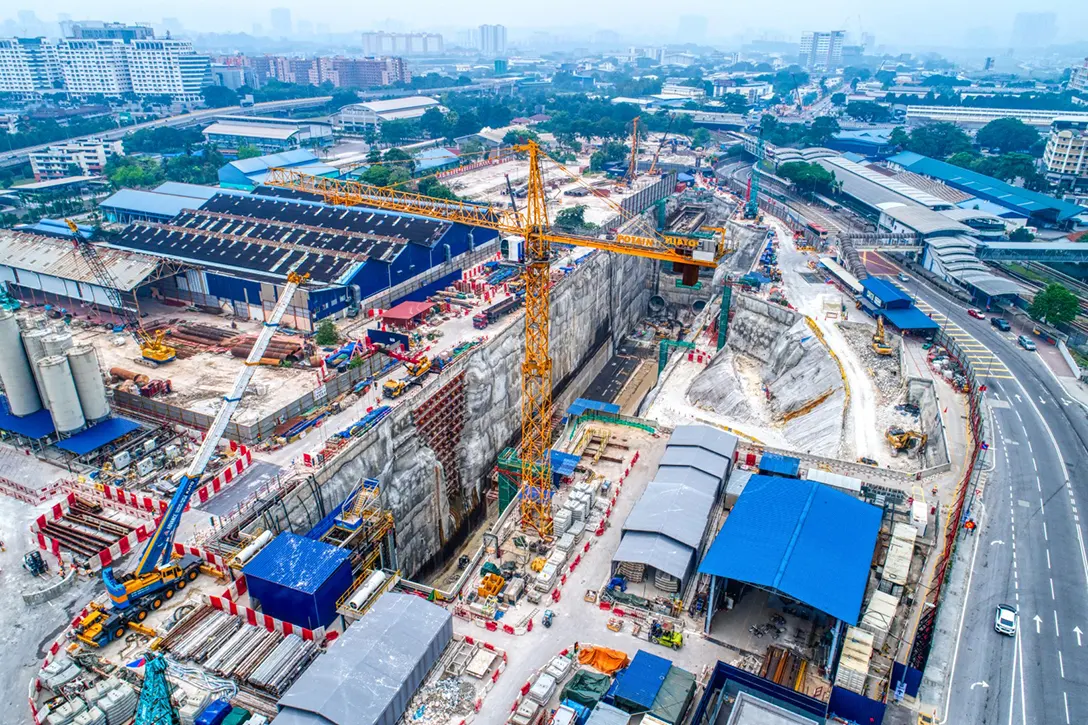 Aerial view of the Chan Sow Lin MRT Station site which is completed 64% overall.