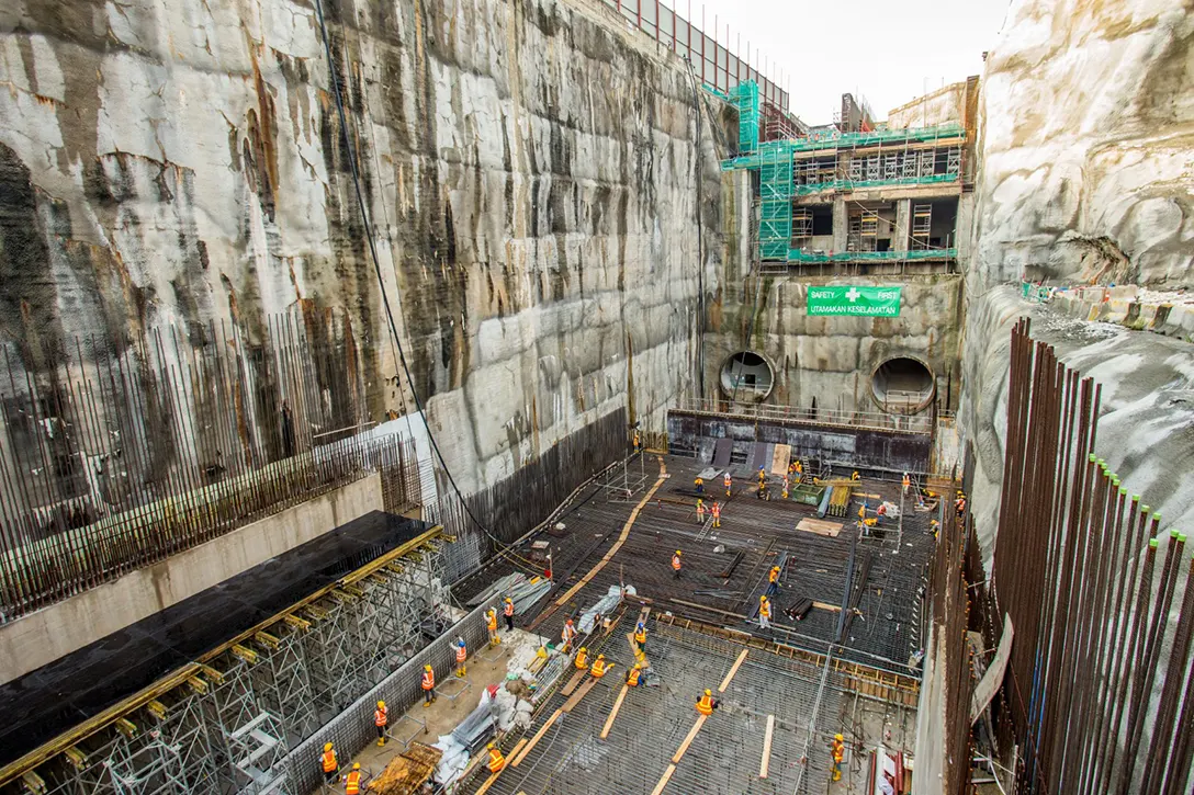 Construction of base slab and over track exhaust in progress at the Chan Sow Lin MRT Station site.