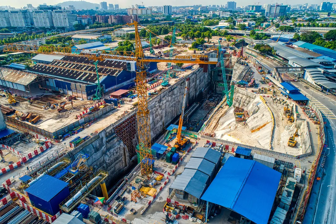 Aerial view of the Chan Sow Lin MRT Station site showing the reinforced works for station box in full swing.