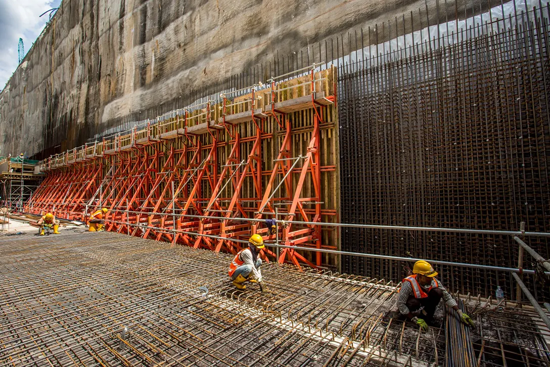 Casting of platform slab and external wall ongoing at the Chan Sow Lin MRT Station site.