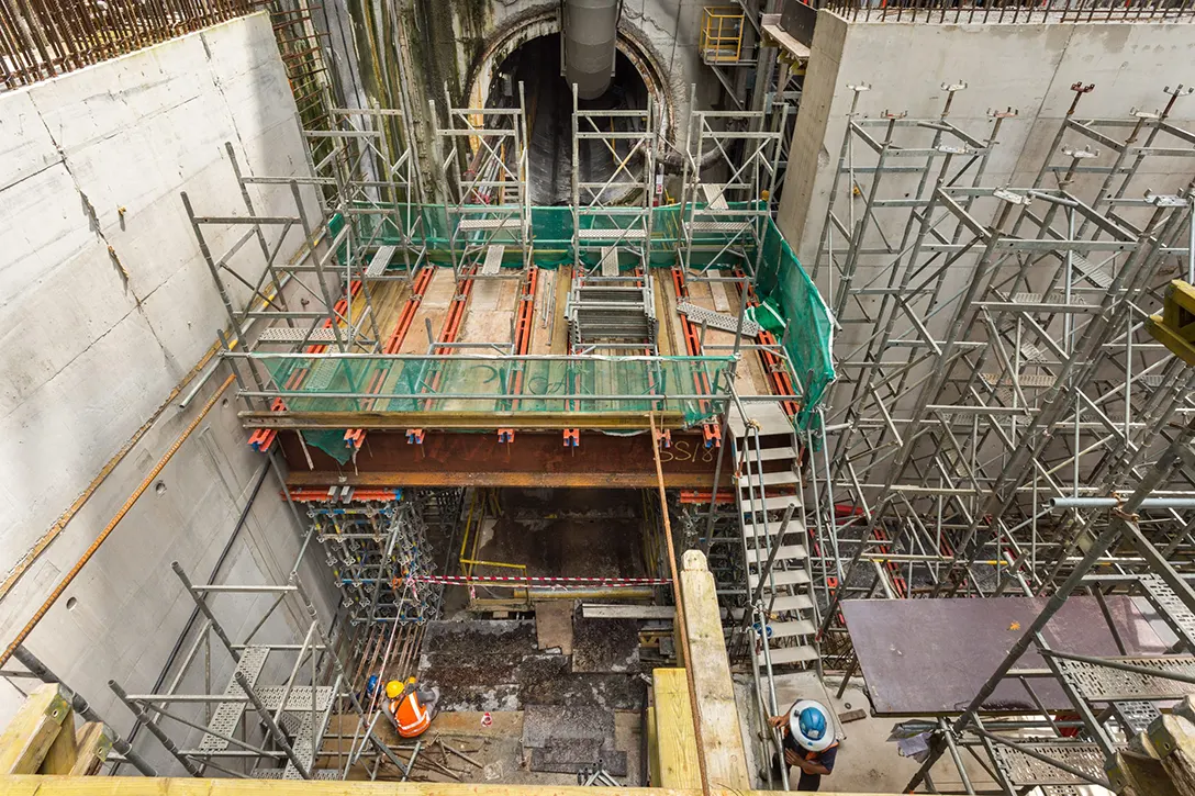 Erection of formwork with I beam support for casting of plantroom slab at the Chan Sow Lin MRT Station site.