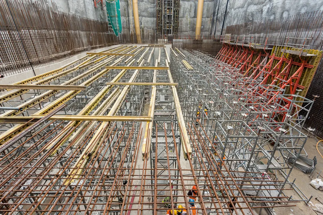 Installation of formwork at plant room level at the Chan Sow Lin MRT Station site.
