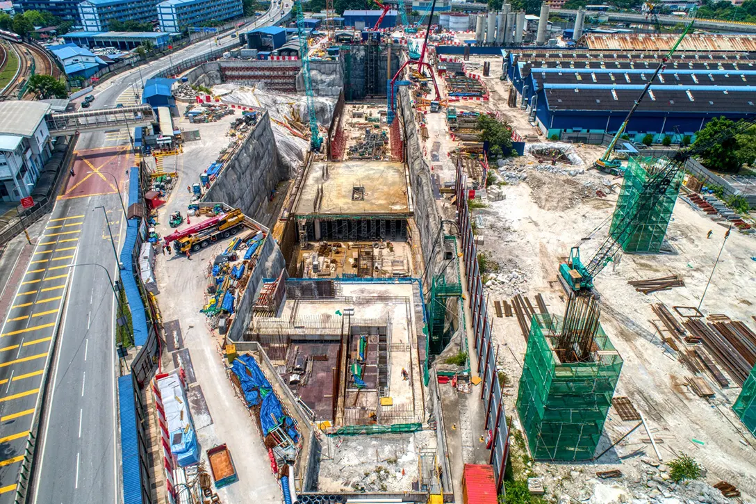 Aerial view of the Chan Sow Lin MRT Station site progress as at end of September 2020.