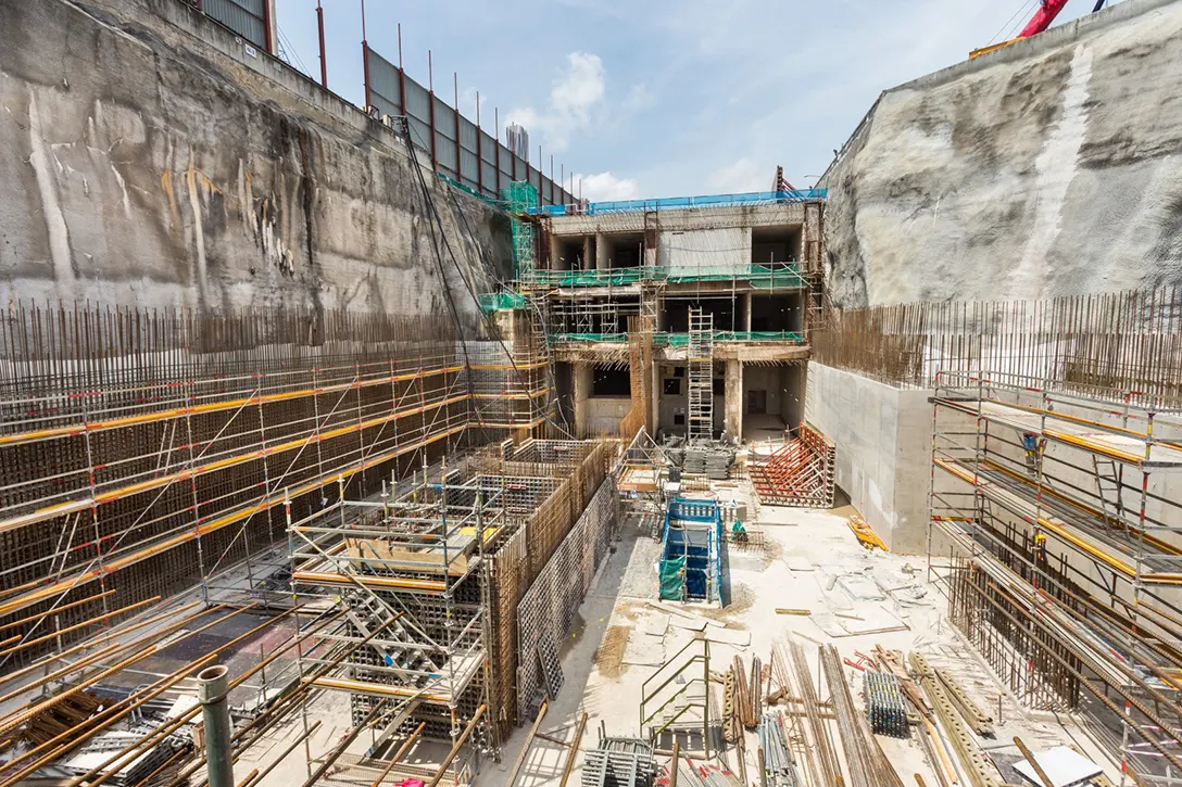 Erection of Peri Up working platform for the external walls at the Chan Sow Lin MRT Station site.