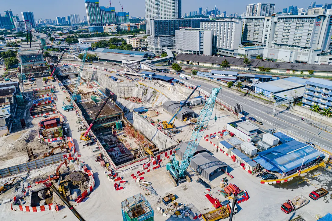 Aerial view of the Chan Sow Lin MRT Station showing the installation of reinforcement bars at roof slab.
