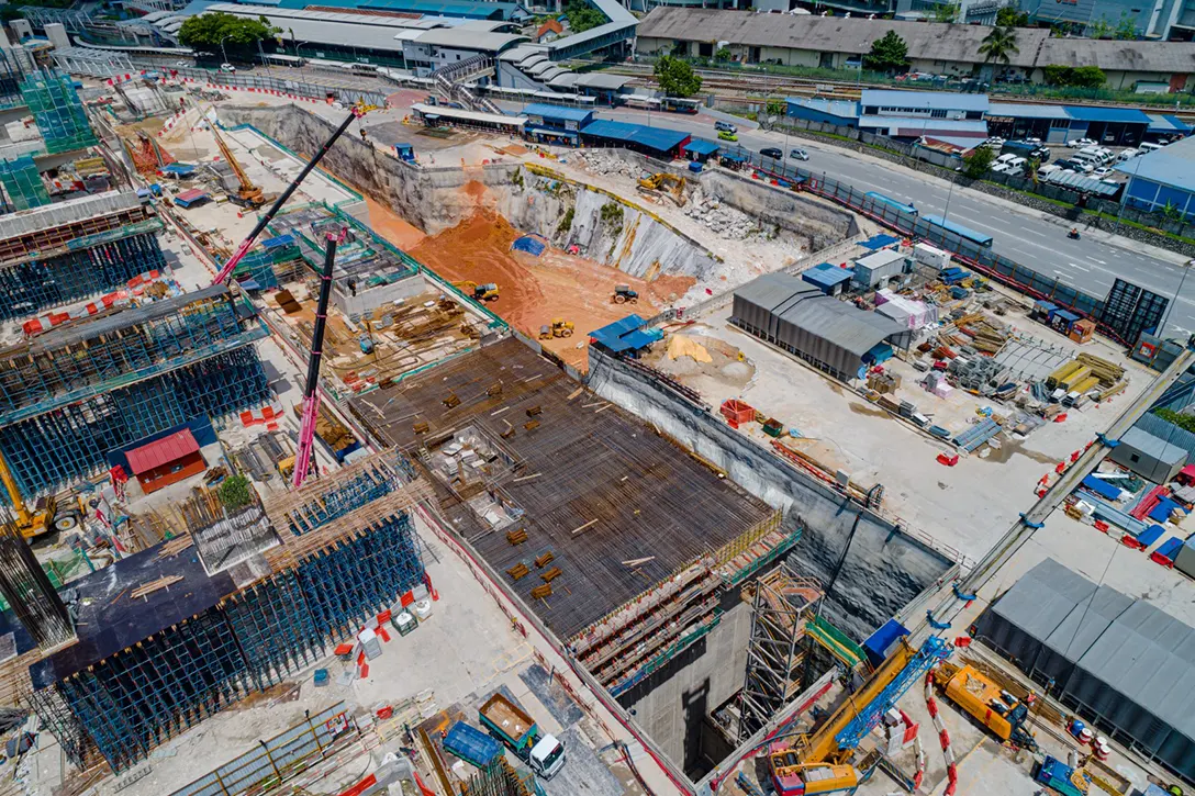 Aerial view showing the installation of reinforcement bars for roof slab construction of the Chan Sow Lin MRT Station.