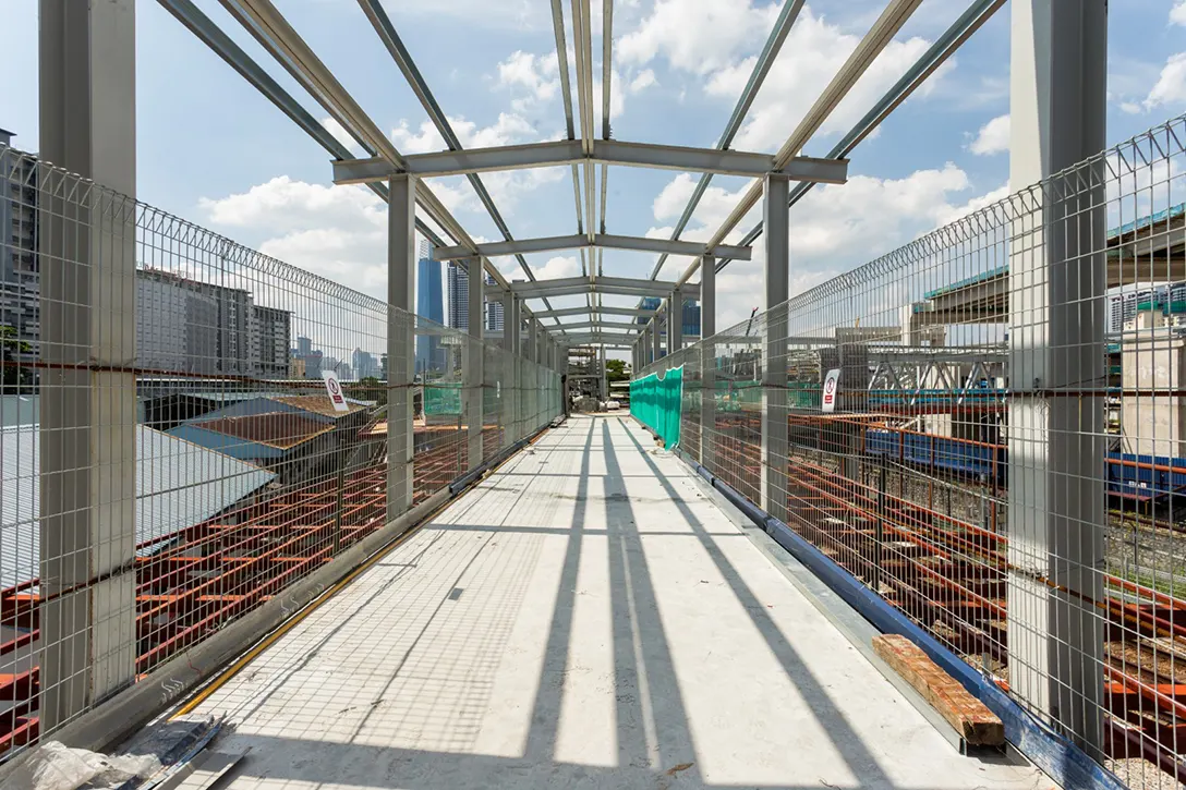 View of the Chan Sow Lin MRT Station showing the erection of steel structure of link bridge for additional and alteration works.