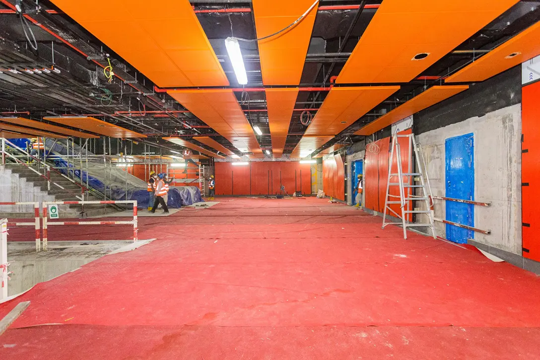 View of the Chan Sow Lin MRT Station showing the ongoing ceiling installation works.