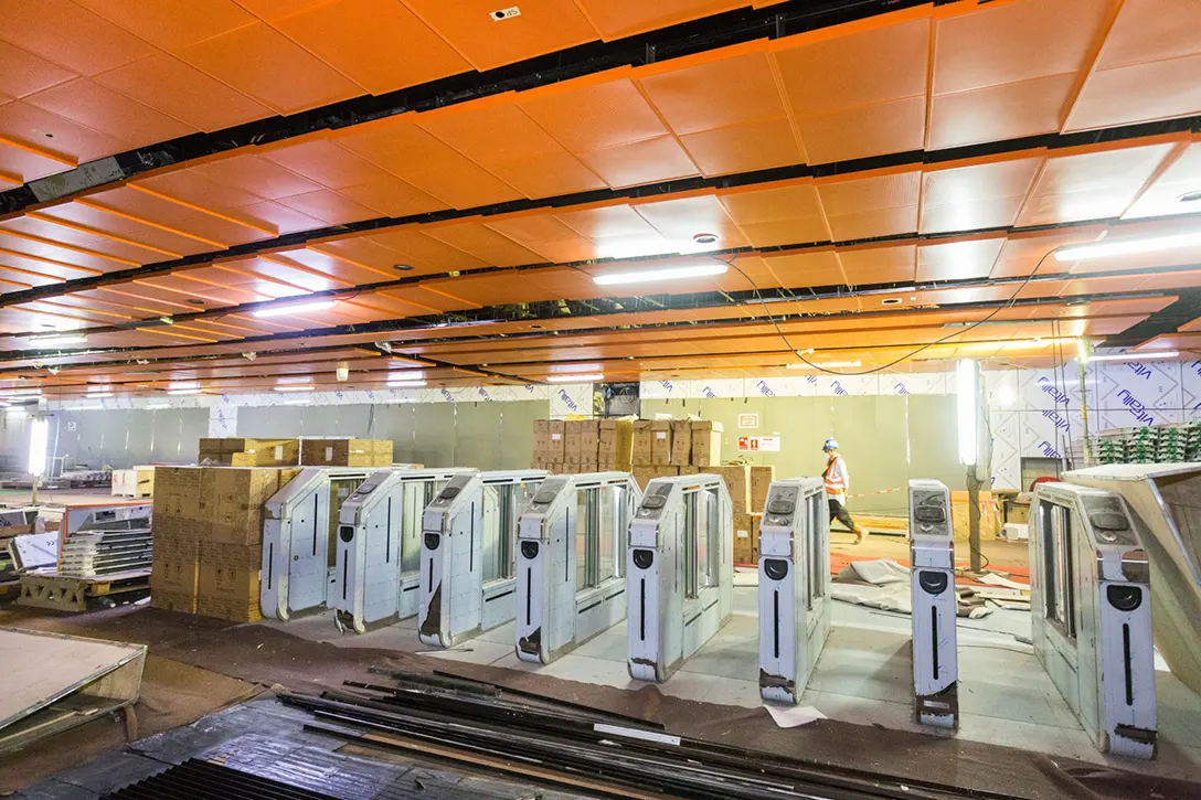 View of the Chan Sow Lin MRT Station showing installation of Automatic Fare Collection gate at the concourse level.