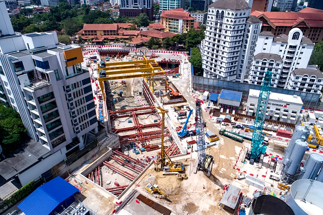 Aerial view of ongoing ground anchor construction at the Conlay MRT Station site.