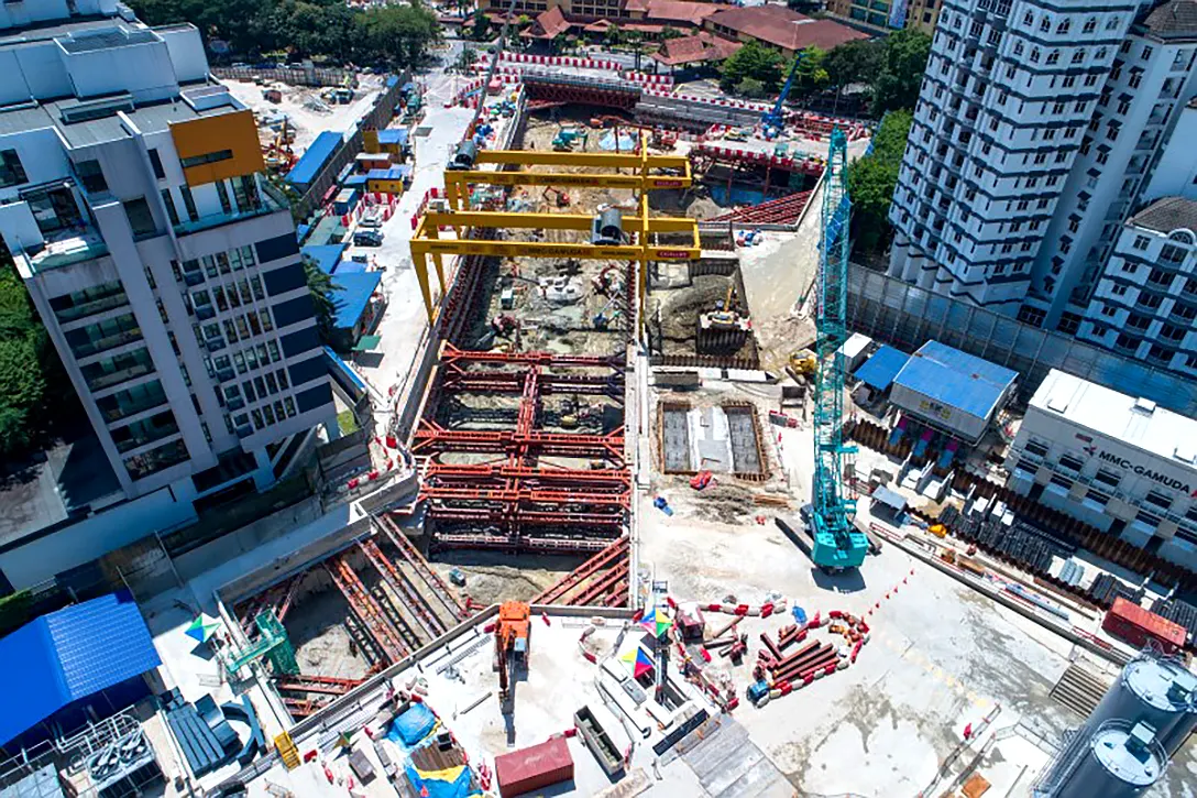 Aerial view of excavation works at the Conlay MRT Station site