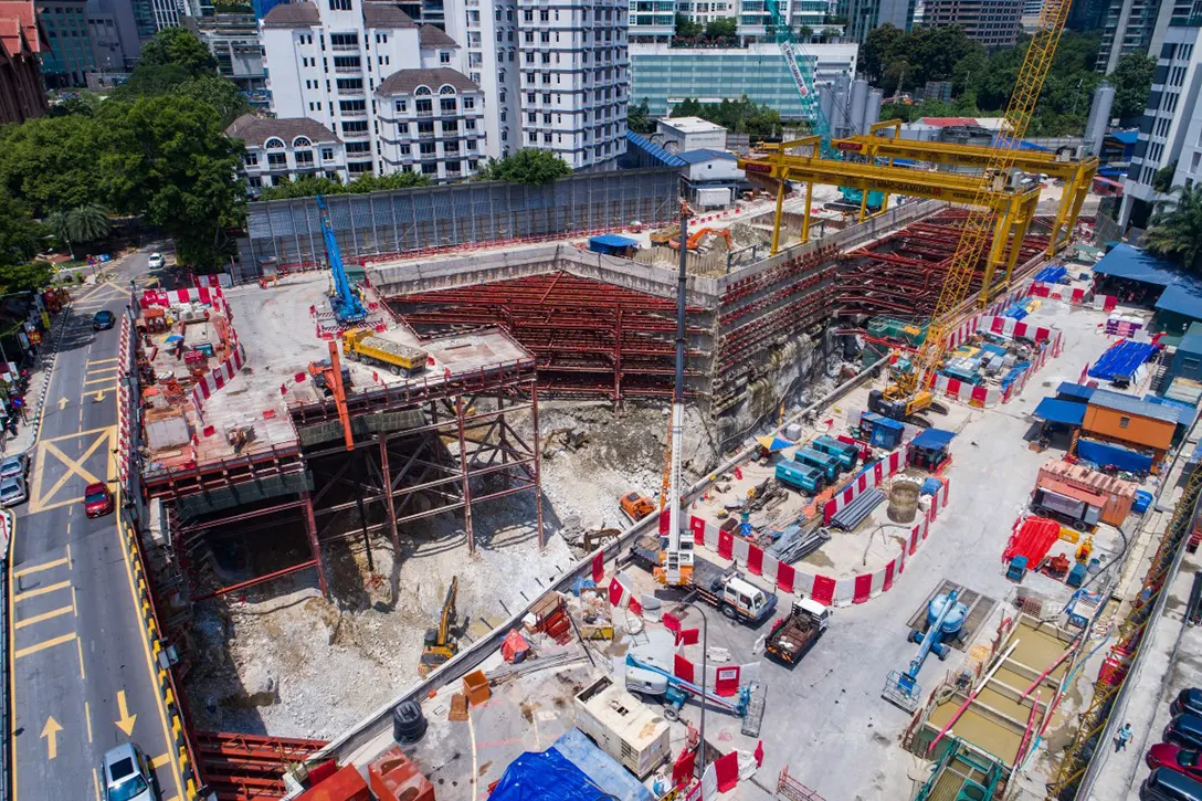 Aerial view of the major blasting works at the Conlay MRT Station site.