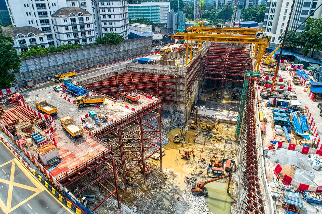 Overhead view of preparation of blasting activities at the Conlay MRT Station site.