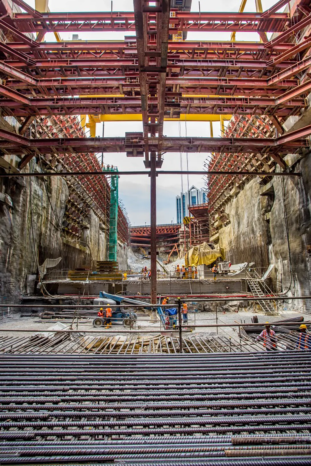 View of the rebar installation for base slab at the Conlay MRT Station site.