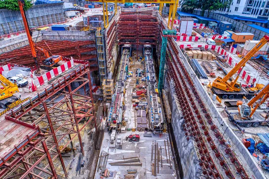 Aerial view of the Conlay MRT Station site showing the recently launched northbound tunnel (Conlay MRT Station to Ampang Park MRT Station drive)