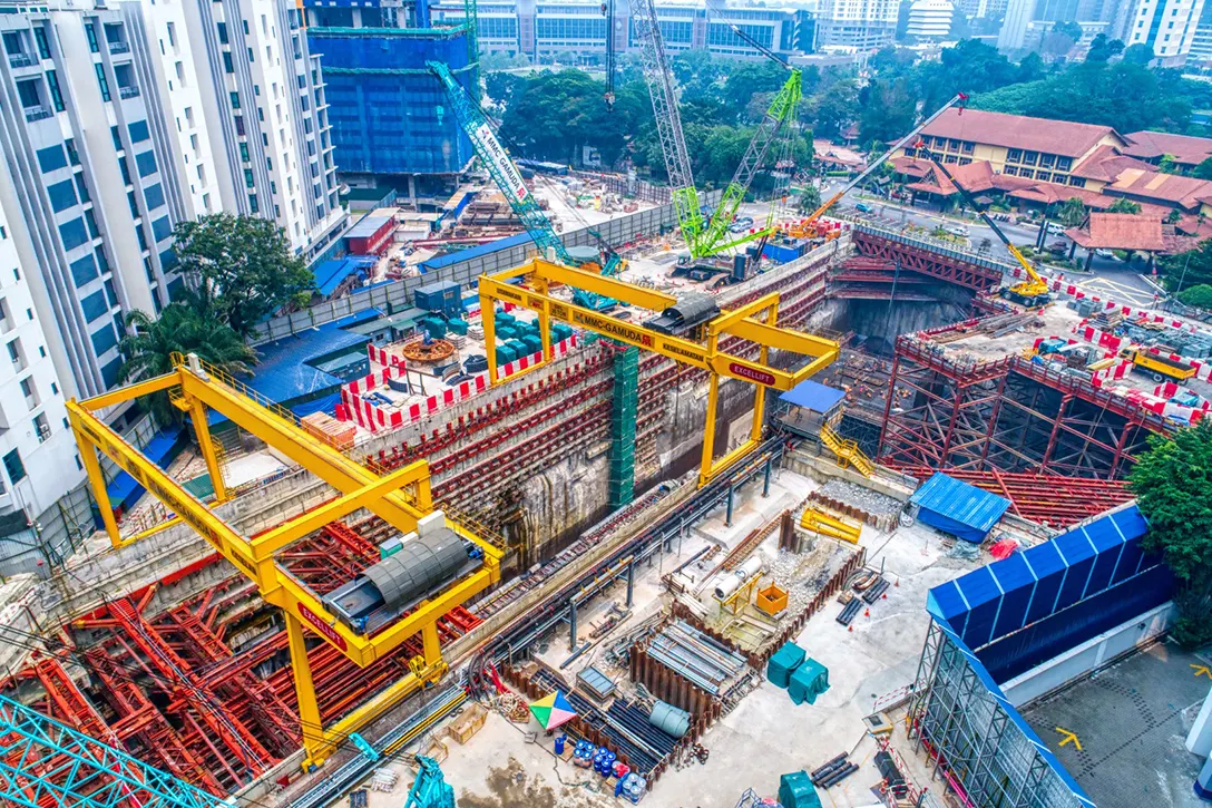 Aerial view of the Conlay MRT Station site showing the station and tunnel construction activities