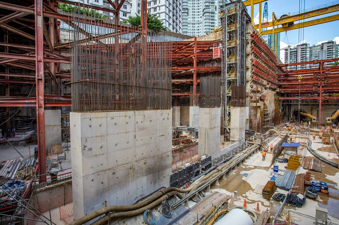 View of the reinforced concrete works for internal wall in progress at the Conlay MRT Station site.