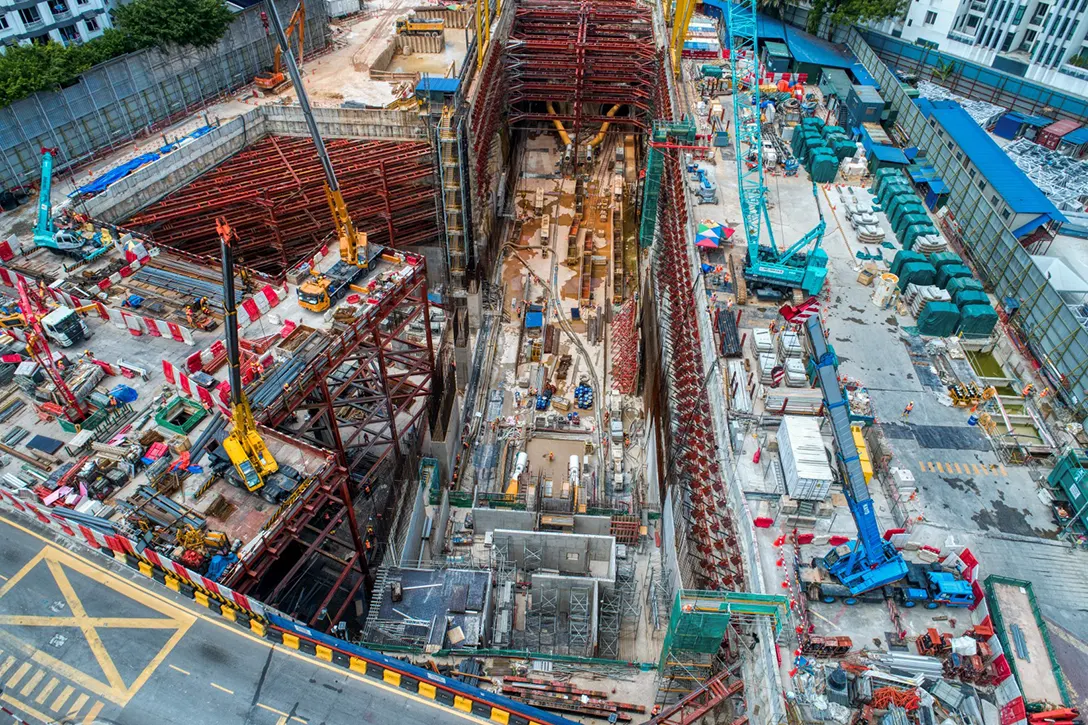 Aerial view of the Conlay MRT Station with completion at 60.52%.