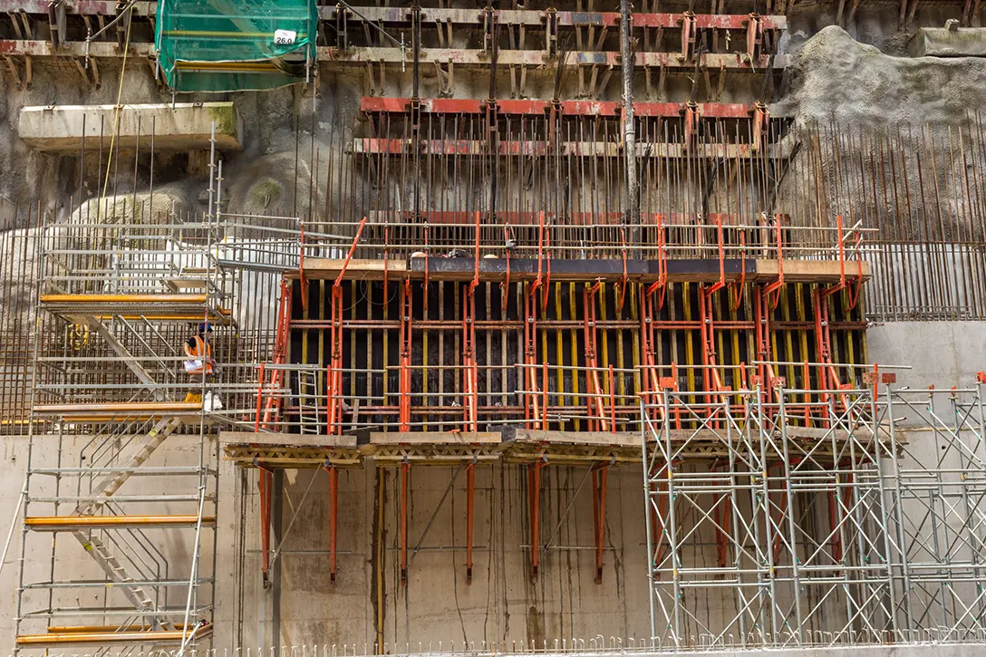 Self-climbing system for second cast of external wall at the Conlay MRT Station site.