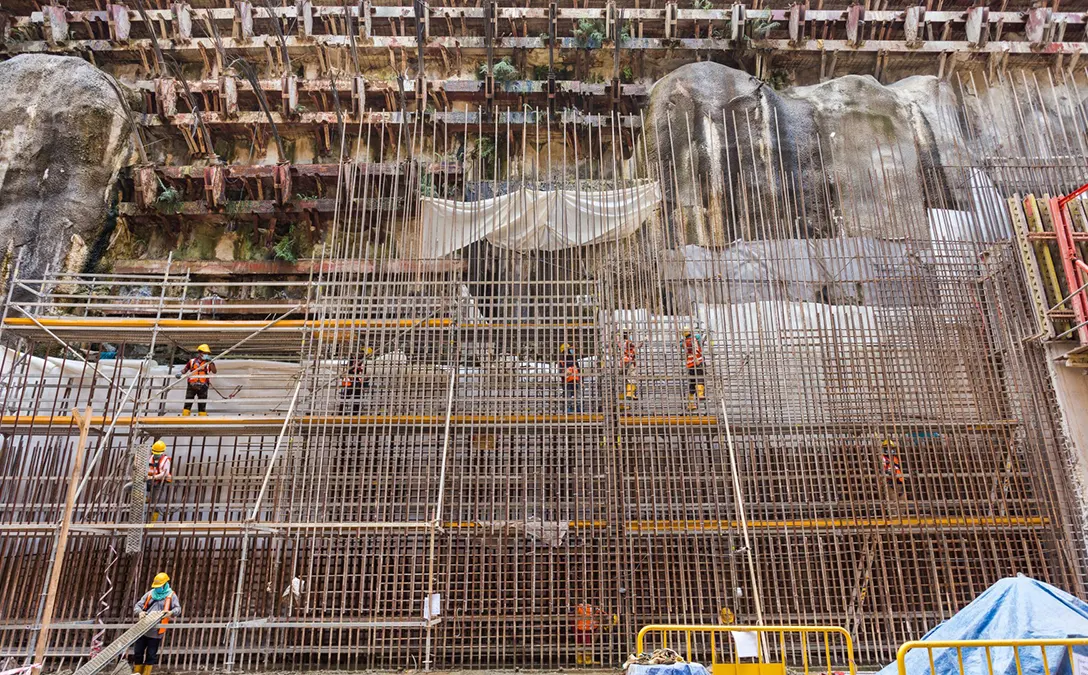 Installation of rebars for Conlay MRT Station perimeter wall.