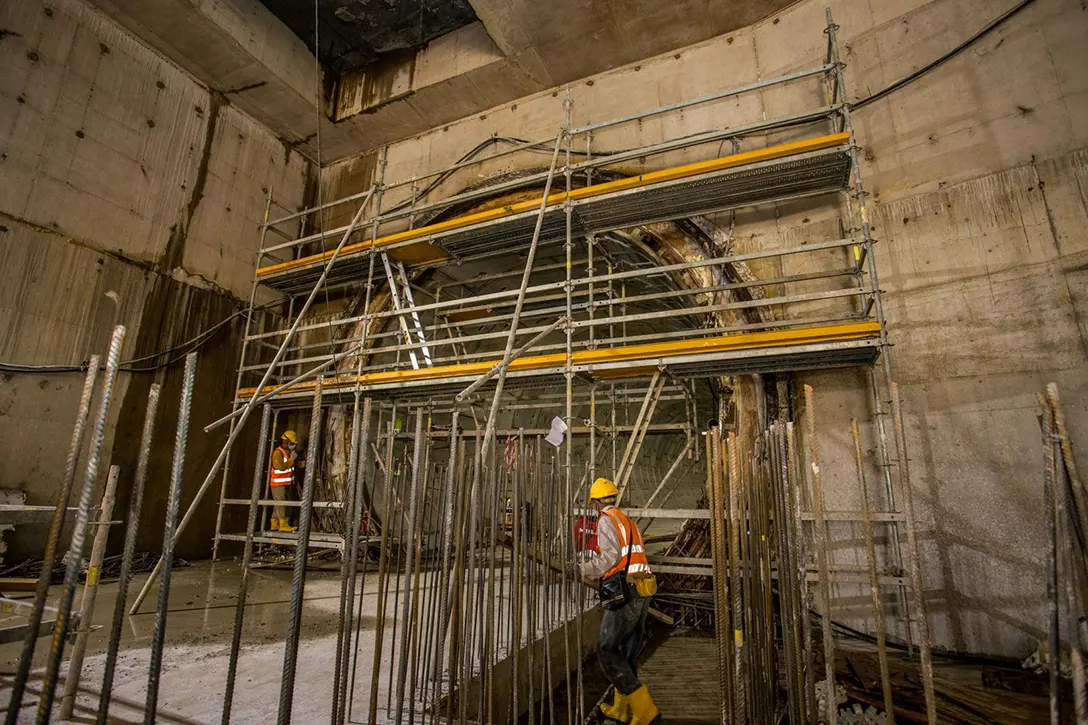 Collar beam works in progress at the Conlay MRT Station.