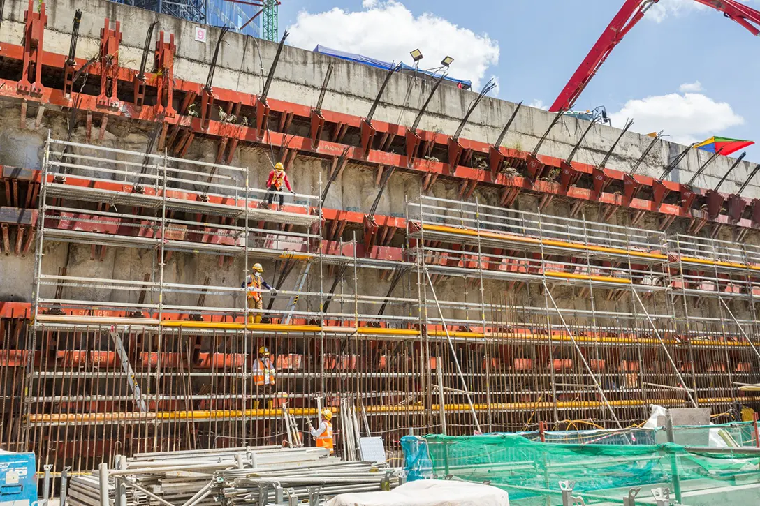 Ground anchors removal works in progress at the station box of the Conlay MRT Station.