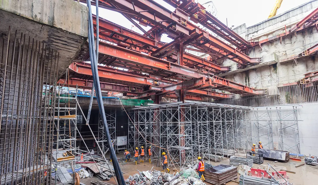 View of the Conlay MRT Station showing the erection of falsework for concourse slab in progress.