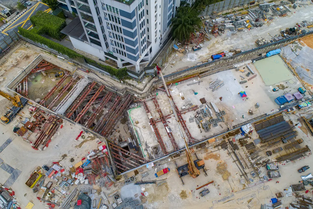 Aerial view of the construction works at the Conlay MRT Station.