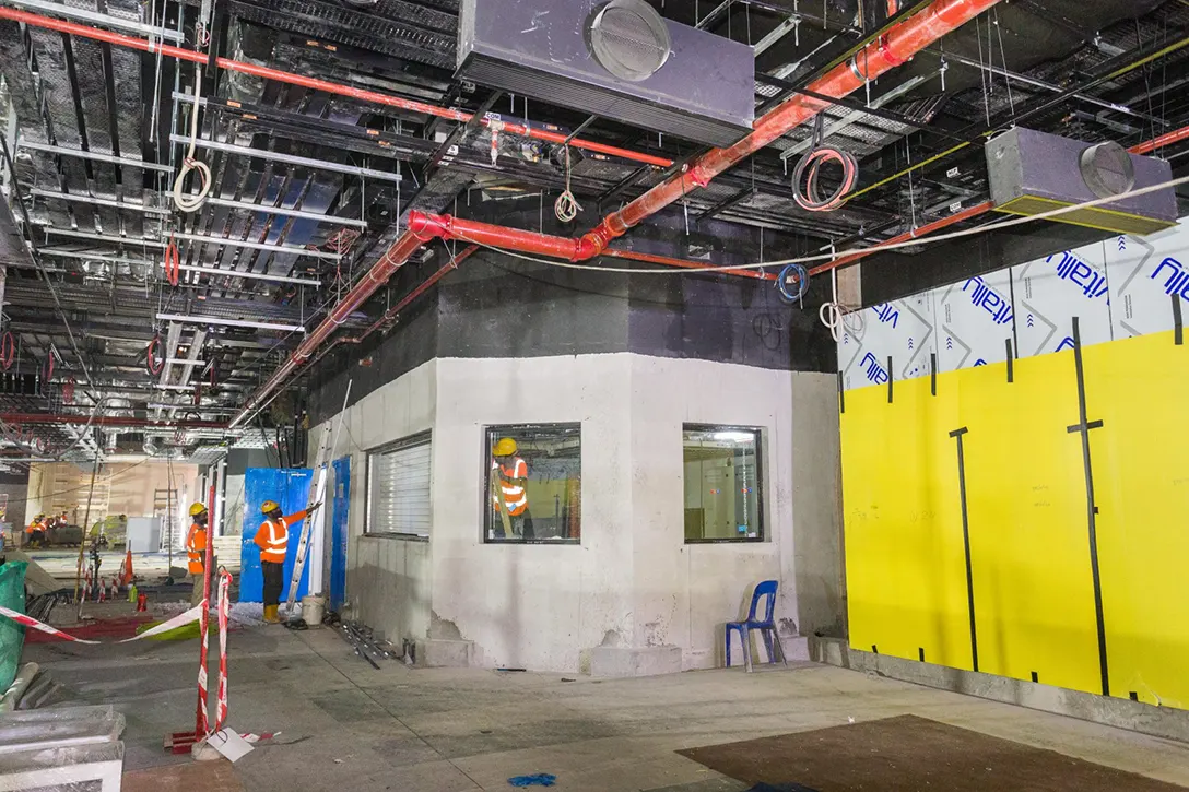 View inside the Conlay MRT Station showing the works in progress at the Customer Service Office.