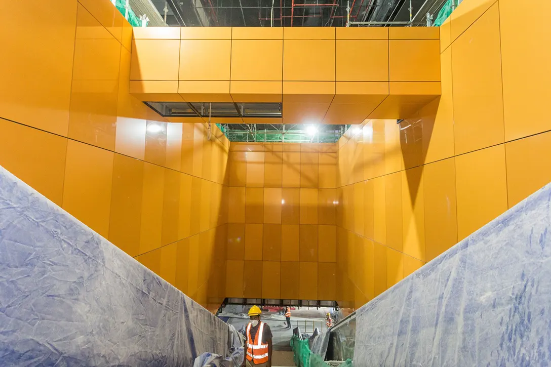 Cladding works in progress at the Conlay MRT Station.